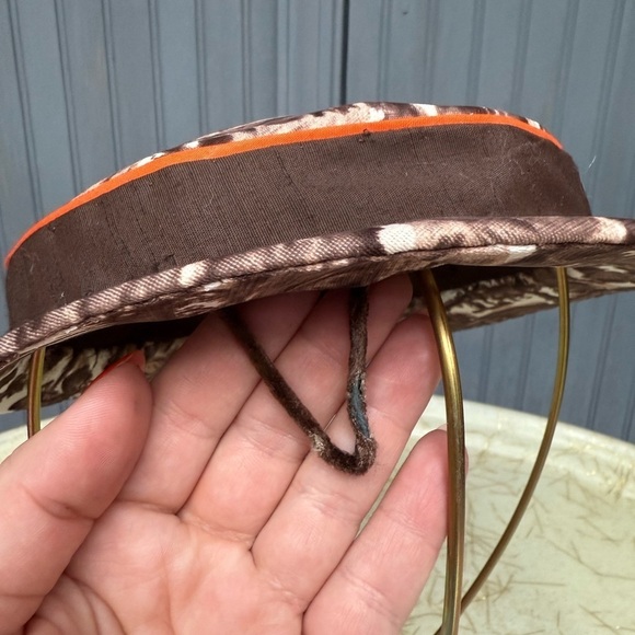 Vintage Cloche-Style Brown Printed Hat with Orange Ribbon and Bow, Medium Fit - Picture 7 of 10